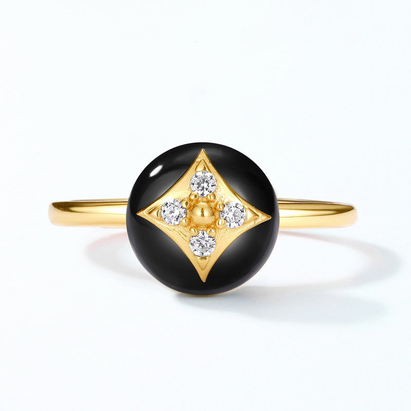 S925 Sterling Silver Jewelry Ring Natural Black Onyx Gemstone Lucky Clover Style Rings