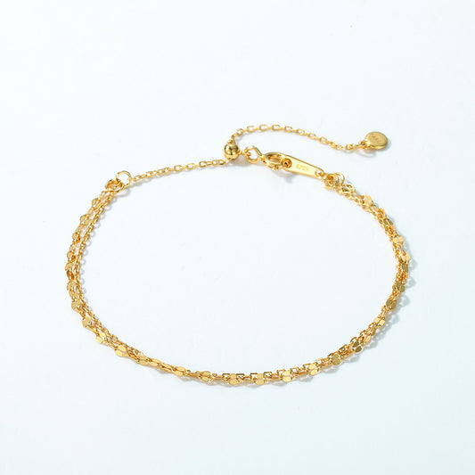 S925 Sterling Silver Jewelry Chain Gold Plating Double Layers Floral and Cross Chain Bracelet