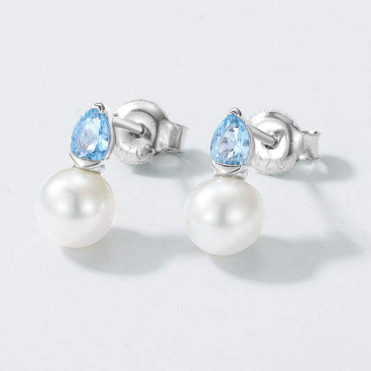 S925 Sterling Silver Jewelry Earrings Natural Freshwater Pearl Aquamarine Gemstone Earrings