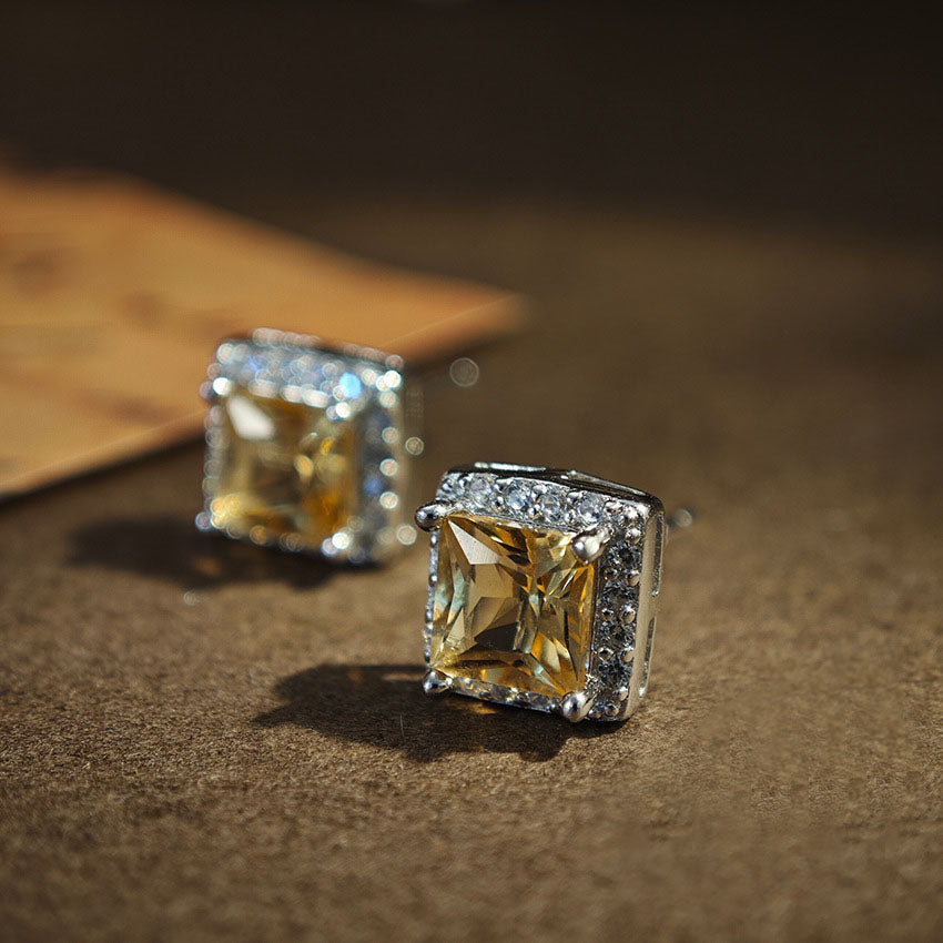 S925 Sterling Silver Jewelry Earrings Natural Citrine Gemstone Square Style Stud Earrings