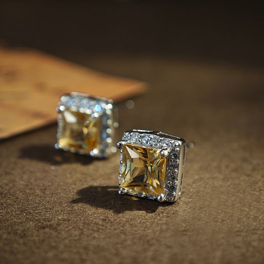 S925 Sterling Silver Jewelry Earrings Natural Citrine Gemstone Square Style Stud Earrings
