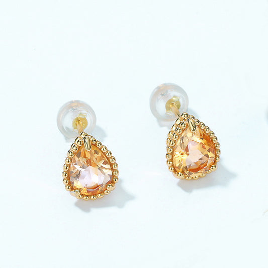 S925 Sterling Silver Jewelry Earrings Natural Citrine Gemstone Water Drop Style Stud Earrings