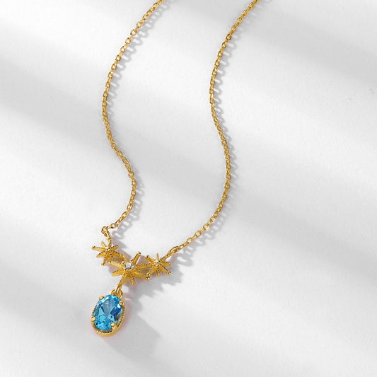 S925 Sterling Silver Jewelry Necklace Natural Swiss Blue Topaz Gemstone Star Style Necklaces