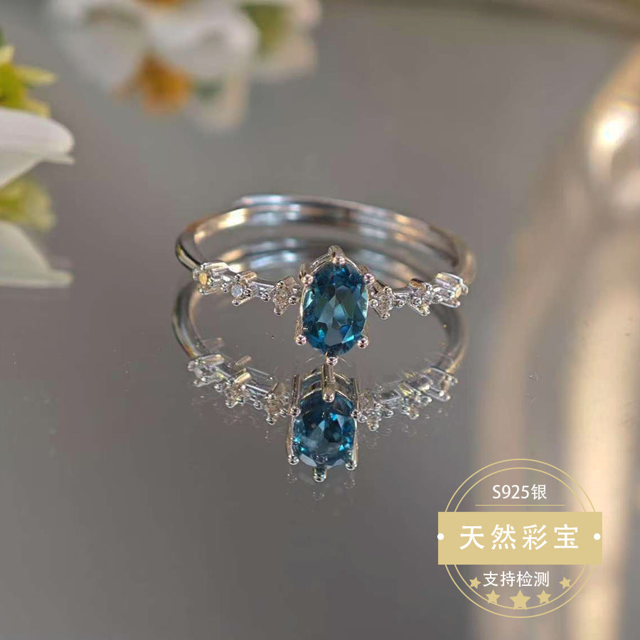 S925 Sterling Silver Jewelry Ring Natural London Blue Topaz Gemstone Simple Luxury Rings