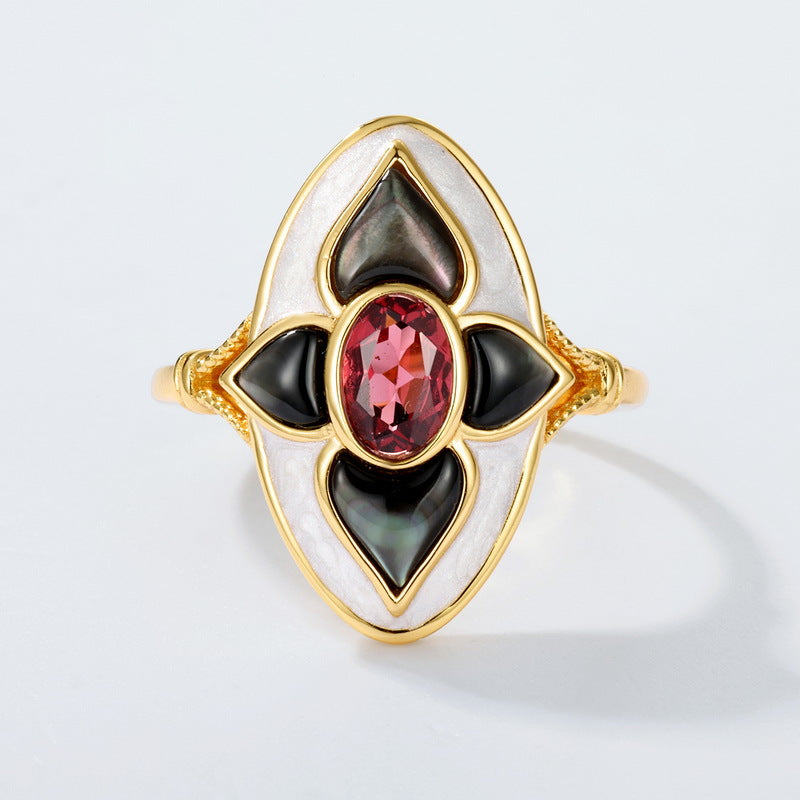 S925 Sterling Silver Jewelry Ring Natural Garnet Gemstone Black Shell Enamel Gothic Style Rings