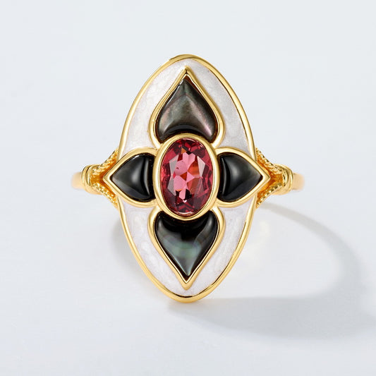 S925 Sterling Silver Jewelry Ring Natural Garnet Gemstone Black Shell Enamel Gothic Style Rings