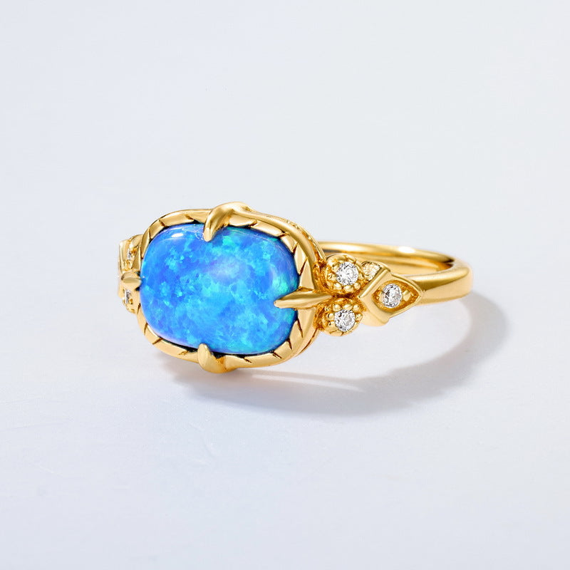 S925 Sterling Silver Jewelry Gold Plating Blue Opal Gemstone Vintage Style Rings