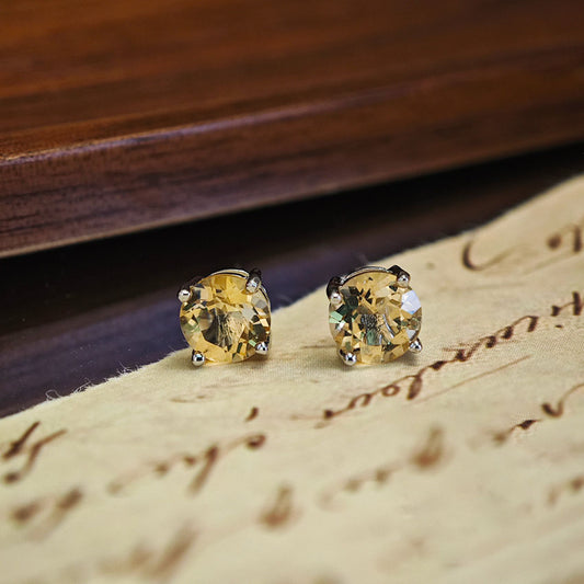 S925 Sterling Silver Jewelry Earrings Natural Citrine Gemstone Round Style Stud Earrings