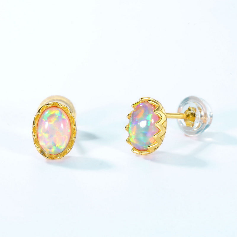 S925 Sterling Silver Jewelry Earrings Opal Gemstone Oval Style Vintage Luxury Earrings