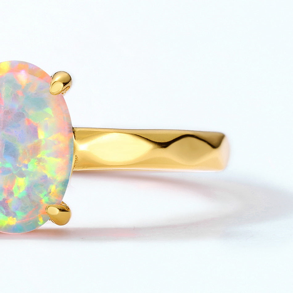 S925 Sterling Silver Jewelry Rings Gold Plating Opal Gemstone Oval Style Rings