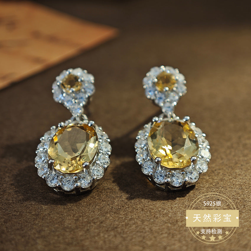 925 Sterling Silver Fine Jewelry Natural Citrine Gemstone Light Luxury Drop Earrings