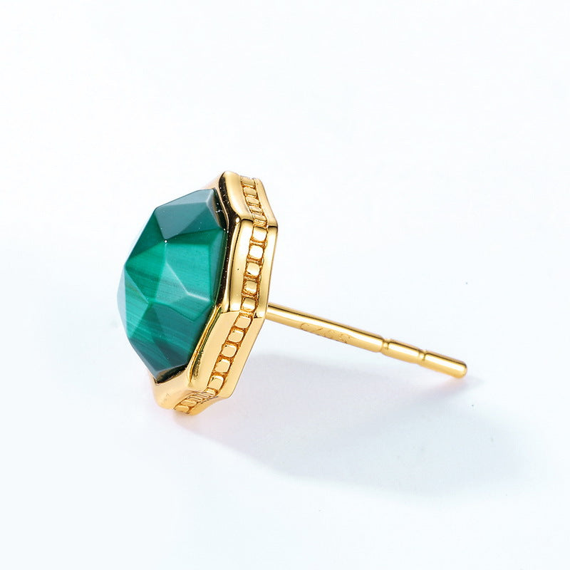 S925 Sterling Silver Jewelry Earrings Natural Malachite Gemstone Geometric Stud Earrings