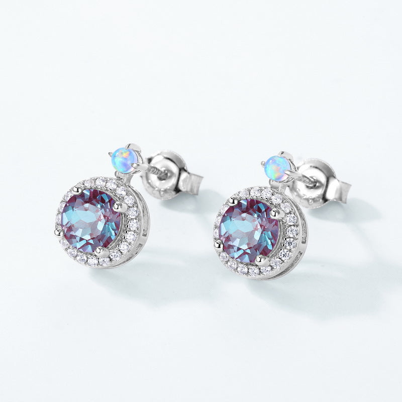 S925 Sterling Silver Jewelry Earrings Alexandrite Gemstone Round Style Stud Earrings