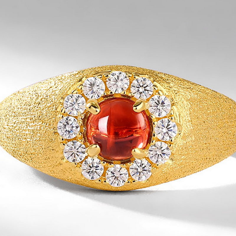 S925 Sterling Silver Jewelry Ring Natural Mozambique Garnet Brushed Finish Luxury Rings