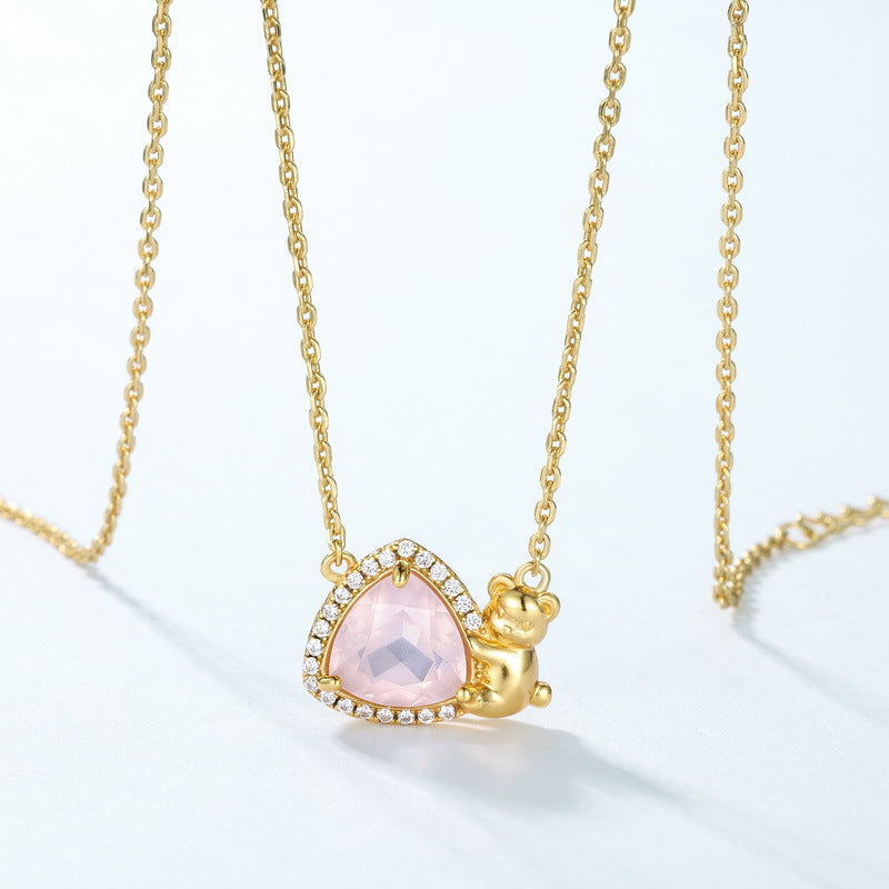 S925 Sterling Silver Jewelry Necklaces Natural Rose Quartz Little Bear Triangle Style Necklace