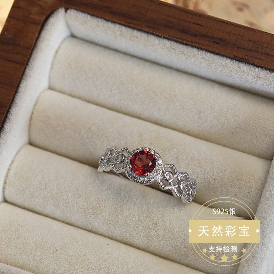 S925 Sterling Silver Jewelry Ring Natural Garnet Gemstone Lace Style Simple Luxury Rings