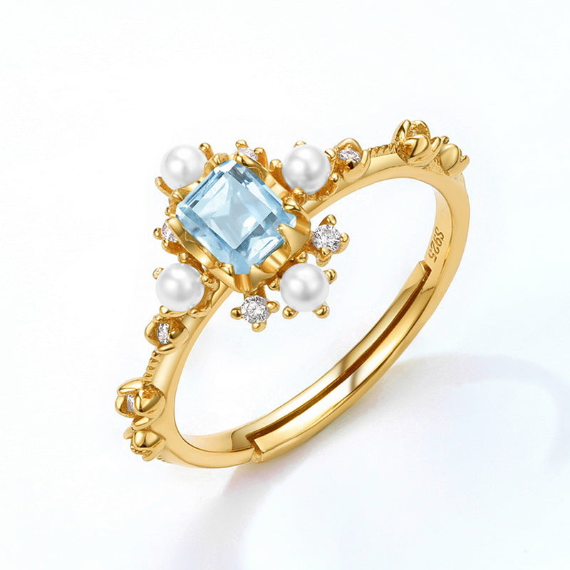 S925 Sterling Silver Jewelry Ring Natural Sky Blue Topaz Gemstone Snowflake Style Rings