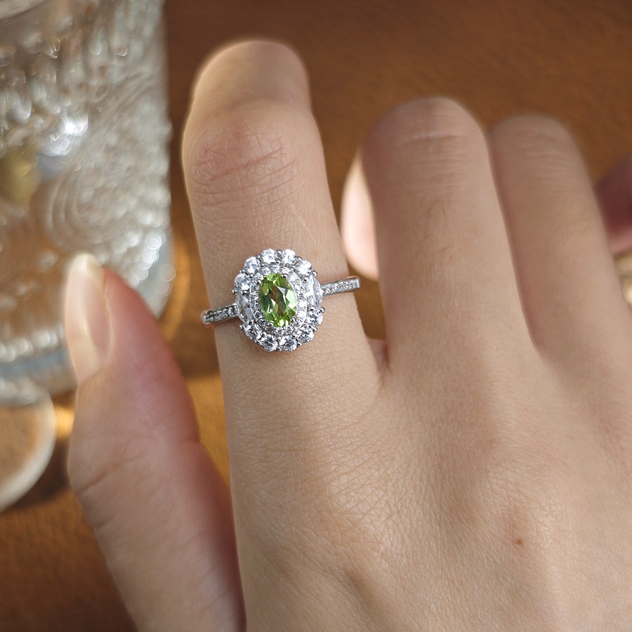 S925 Sterling Silver Jewelry Ring Natural Peridot Gemstone Oval Style Simple Luxury Rings