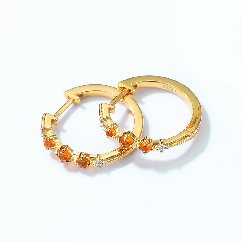 S925 Sterling Silver Jewelry Earrings Natural Orange Garnet Gemstone Fashion Hoop Earrings