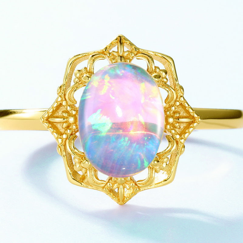 S925 Sterling Silver Jewelry Ring Opal Gemstone Gold Plating Vintage Palace Style Rings