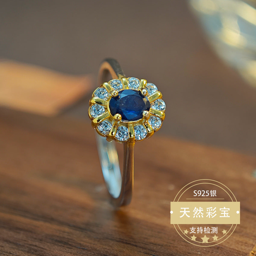 S925 Sterling Silver Fine Jewelry Natural Sapphire Gemstone Floral Style Luxury Rings