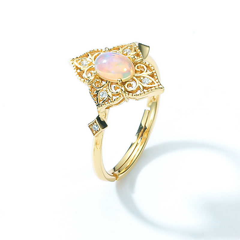 S925 Sterling Silver Jewelry Ring Natural Opal Gemstone Floral Lace Style Luxury Rings