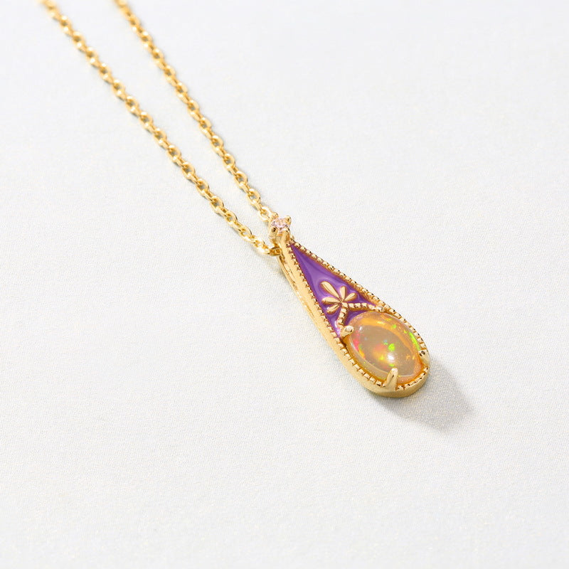 S925 Sterling Silver Jewelry Natural Opal Gemstone Enamel Craft Vintage Style Necklace Charms