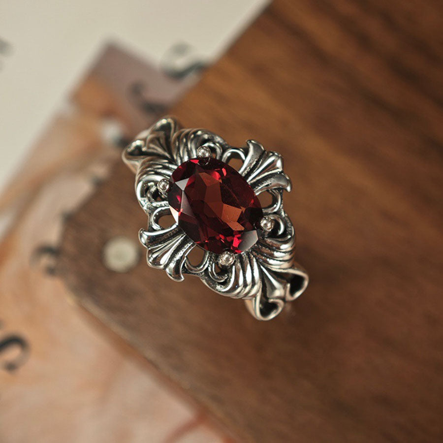 S925 Sterling Silver Jewelry Ring Natural Garnet Gemstone Vintage Crossing Style Luxury Rings