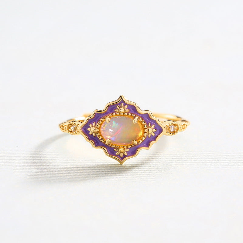 S925 Sterling Silver Jewelry Ring Natural Opal Gemstone Enamel Craft Vintage Style Rings
