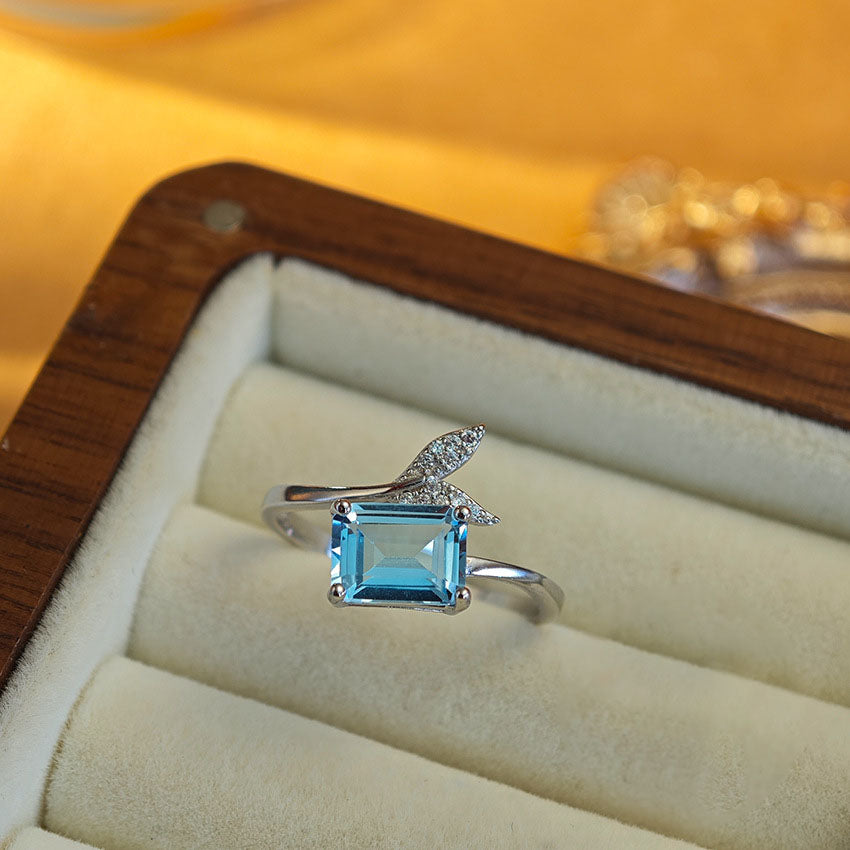 S925 Sterling Silver Jewelry Ring Natural Blue Topaz Gemstone Fishtail Style Simple Luxury Rings