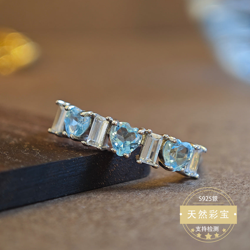 Natural Topaz Gemstone Fine Jewelry 925 Sterling Silver Heart Style Light Luxury Rings