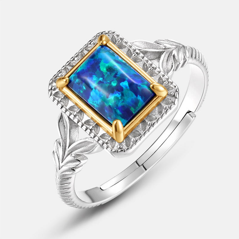 S925 Sterling Silver Jewelry Ring Blue Opal Gemstone Vintage Square Style Rings