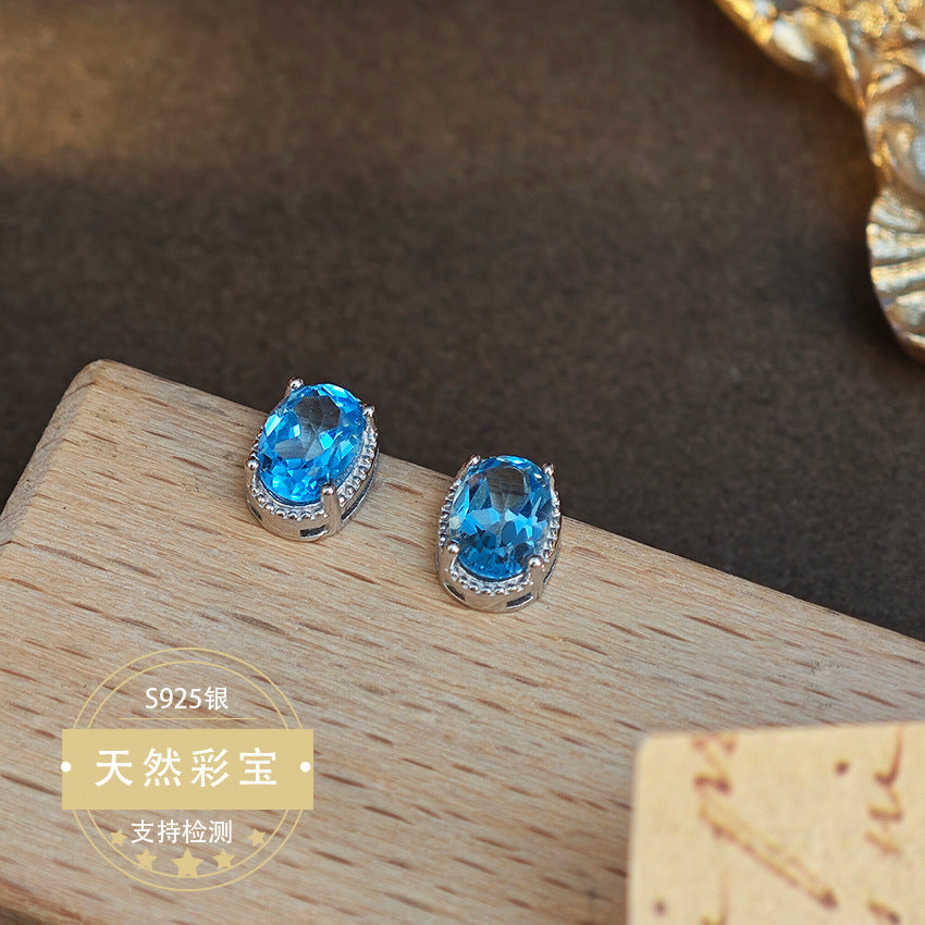 Natural Topaz Gemstone Fine Jewelry 925 Sterling Silver Oval Light Luxury Stud Earrings