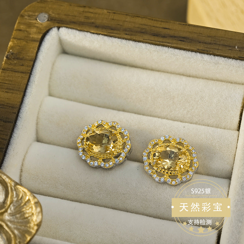 Natural Citrine Gemstone Fine Jewelry 925 Sterling Silver Palace Style Stud Earrings