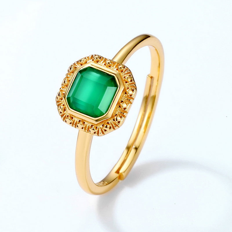 S925 Sterling Silver Jewelry Ring Natural Green Agate Gemstone Vintage Palace Style Rings