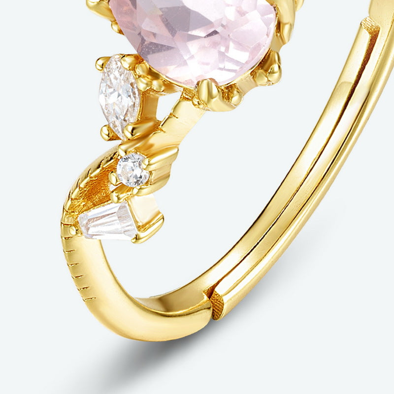 S925 Sterling Silver Jewelry Ring Natural Rose Quartz Gemstone Champagne Gold Plating Rings