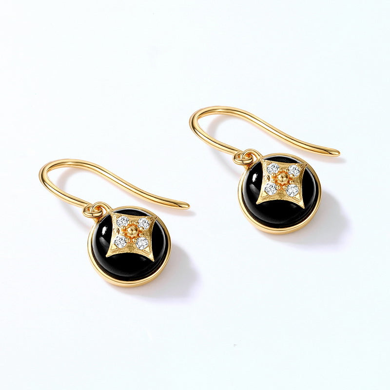 S925 Sterling Silver Jewelry Earrings Natural Black Onyx Gemstone Geometric Style Earrings