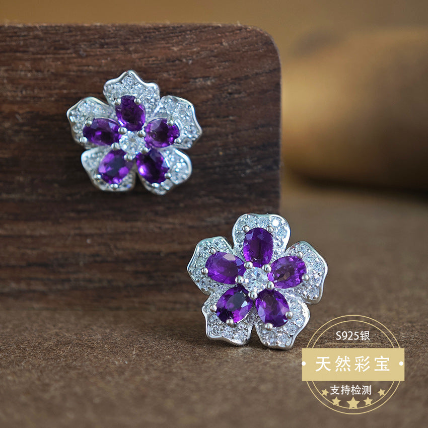 Natural Amethyst Gemstone Fine Jewelry 925 Sterling Silver Floral Style Stud Earrings