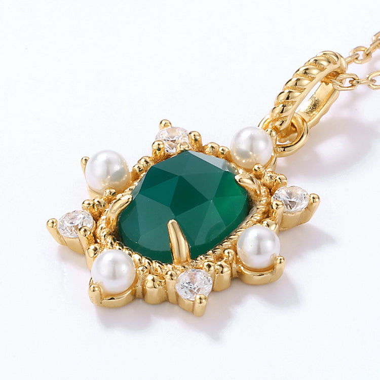 S925 Sterling Silver Jewelry Pendant Natural Green Agate Gemstone Palace Style Necklace Charms