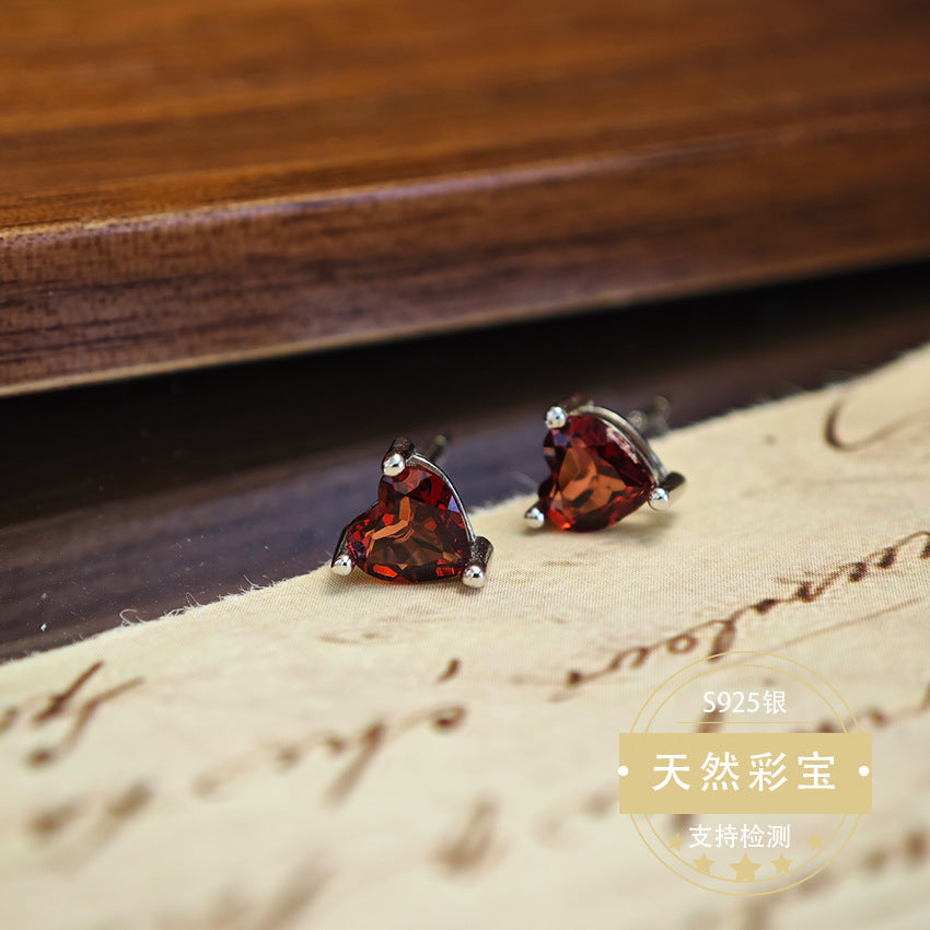 Natural Garnet Gemstone Fine Jewelry 925 Sterling Silver Heart Style Light Luxury Earrings