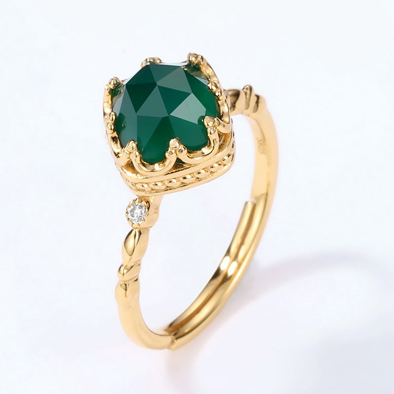 S925 Sterling Silver Jewelry Ring Natural Green Agate Gemstone Luxury Palace Style Rings