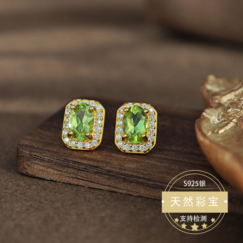 Natural Peridot Gemstone Fine Jewelry 925 Sterling Silver Square Style Stud Earrings