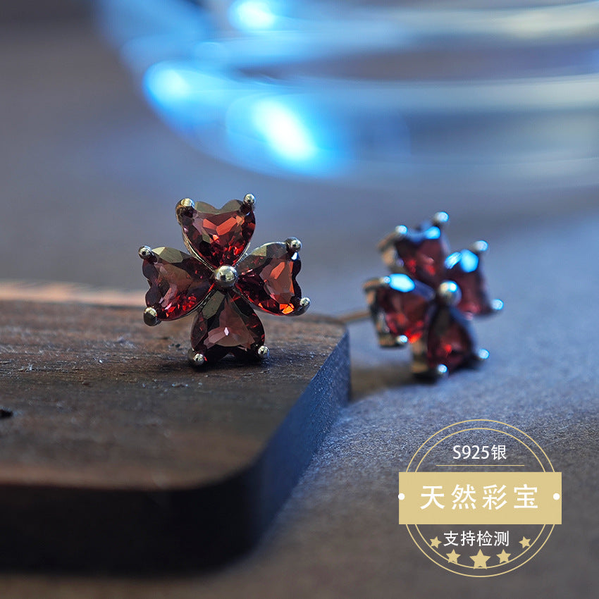S925 Sterling Silver Jewelry Earrings Natural Garnet Gemstone Floral Style Stud Earrings