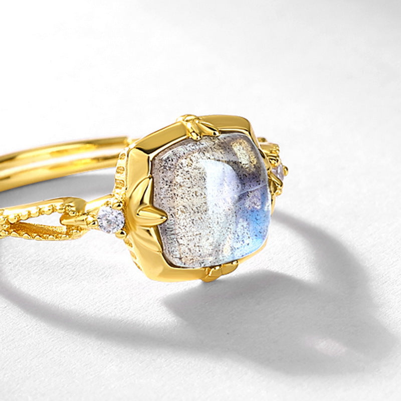 S925 Sterling Silver Jewelry Ring Natural Labradorite Gemstone Geometric Square Style Rings
