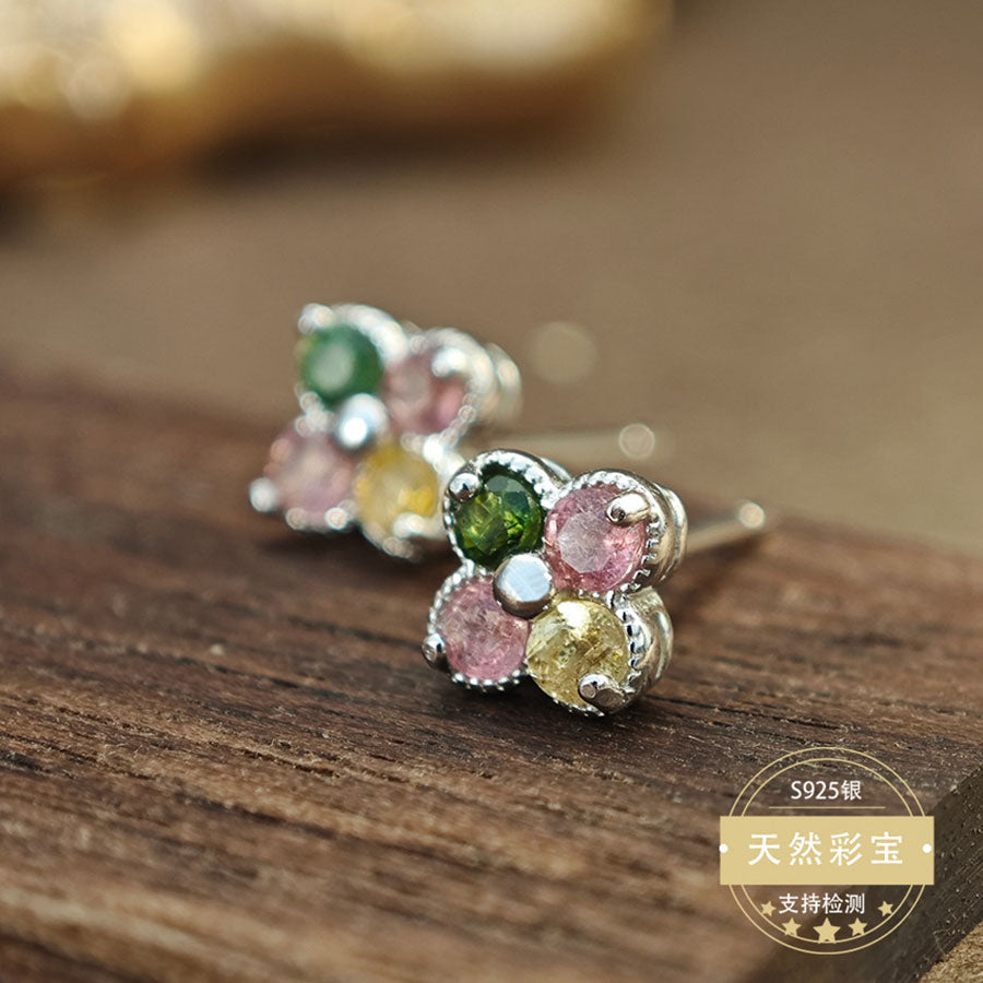 S925 Sterling Silver Jewelry Earrings Natural Tourmaline Gemstone Clover Style Stud Earrings