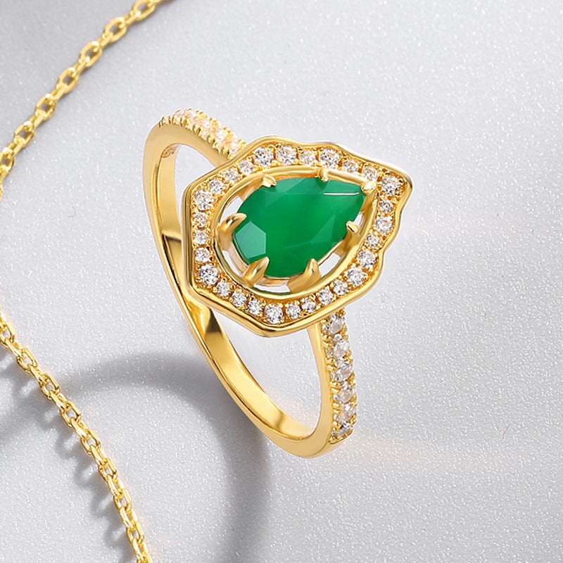 S925 Sterling Silver Jewelry Ring Natural Green Agate Gemstone Palace Style Charming Rings