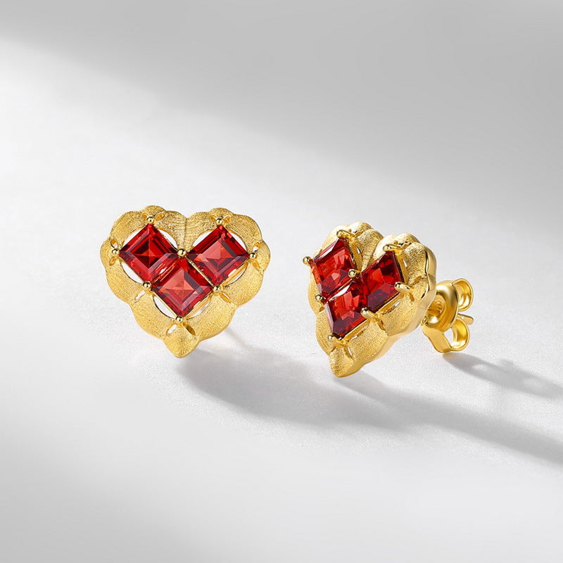 S925 Sterling Silver Jewelry Earrings Natural Garnet Gemstone Brushed Finish Heart Style Earrings