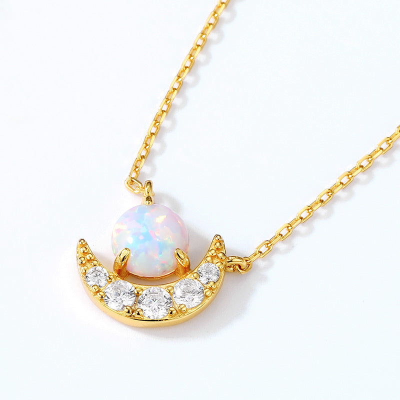 S925 Sterling Silver Jewelry Necklace Gold Plating Opal Gemstone Moon Style Necklace