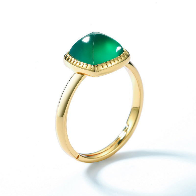 S925 Sterling Silver Jewelry Ring Natural Green Agate Gemstone Square Style Simple Luxury Rings