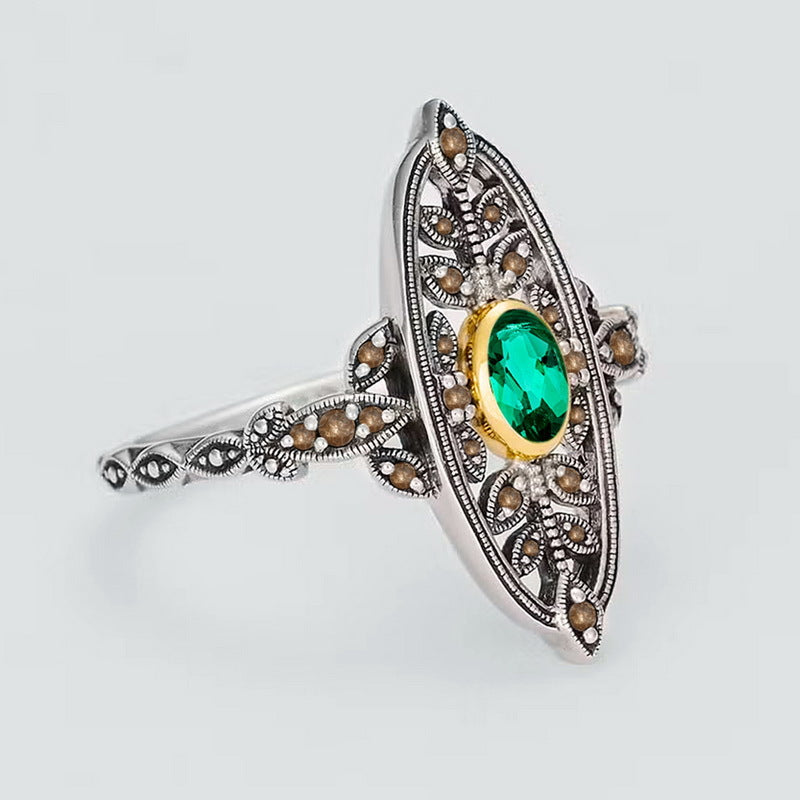 S925 Sterling Silver Jewelry Ring Lab Grown Emerald Gemstone Vintage Leaf Style Ring